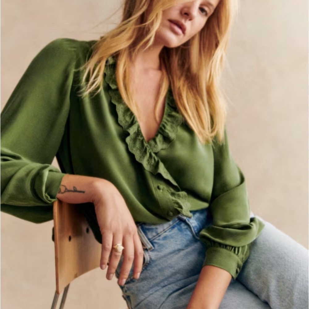 Sezane Chlo Shirt in Olive - Puff Sleeve Blouse